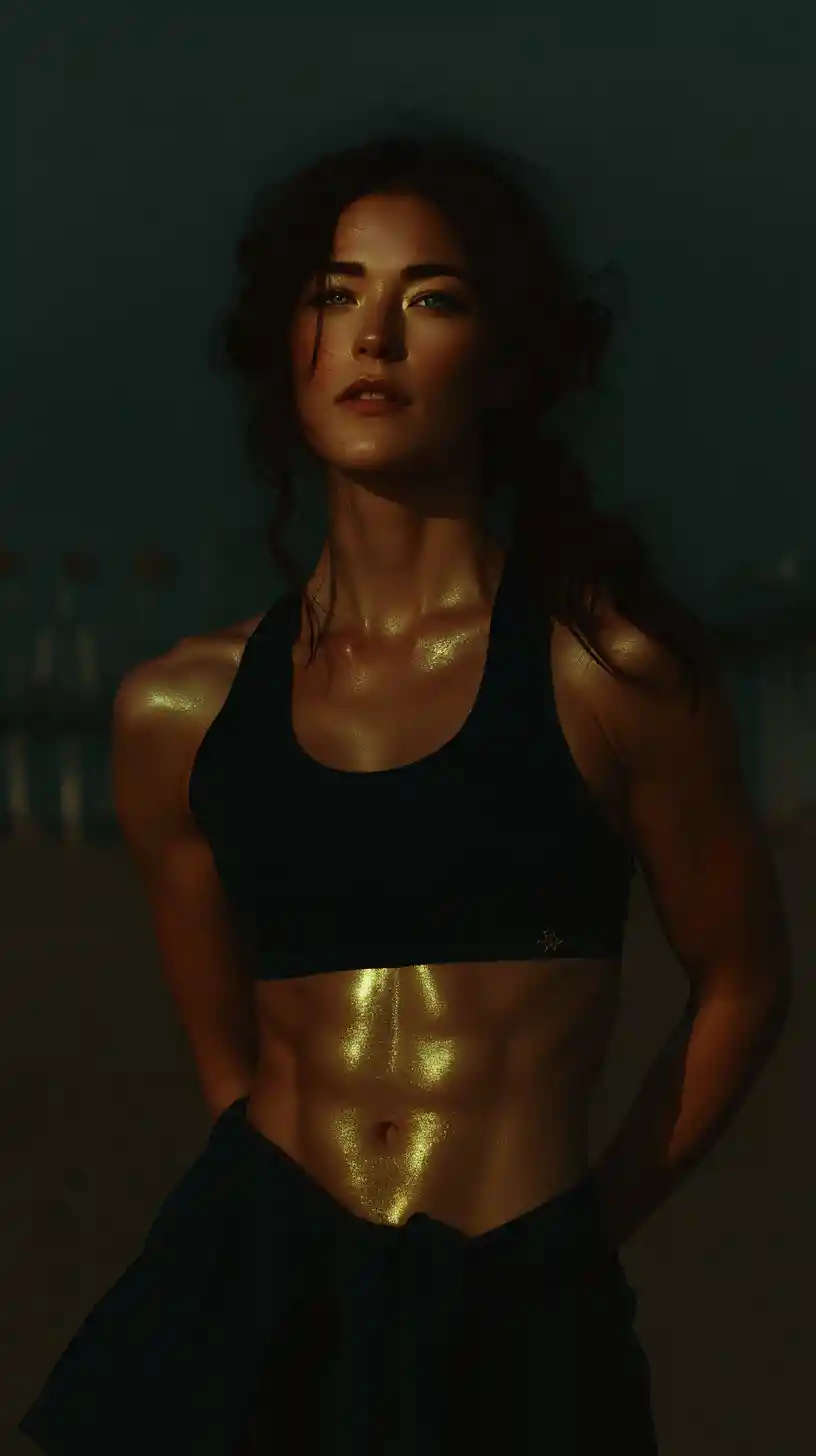 Athletic woman posing on a sunlit beach portrait