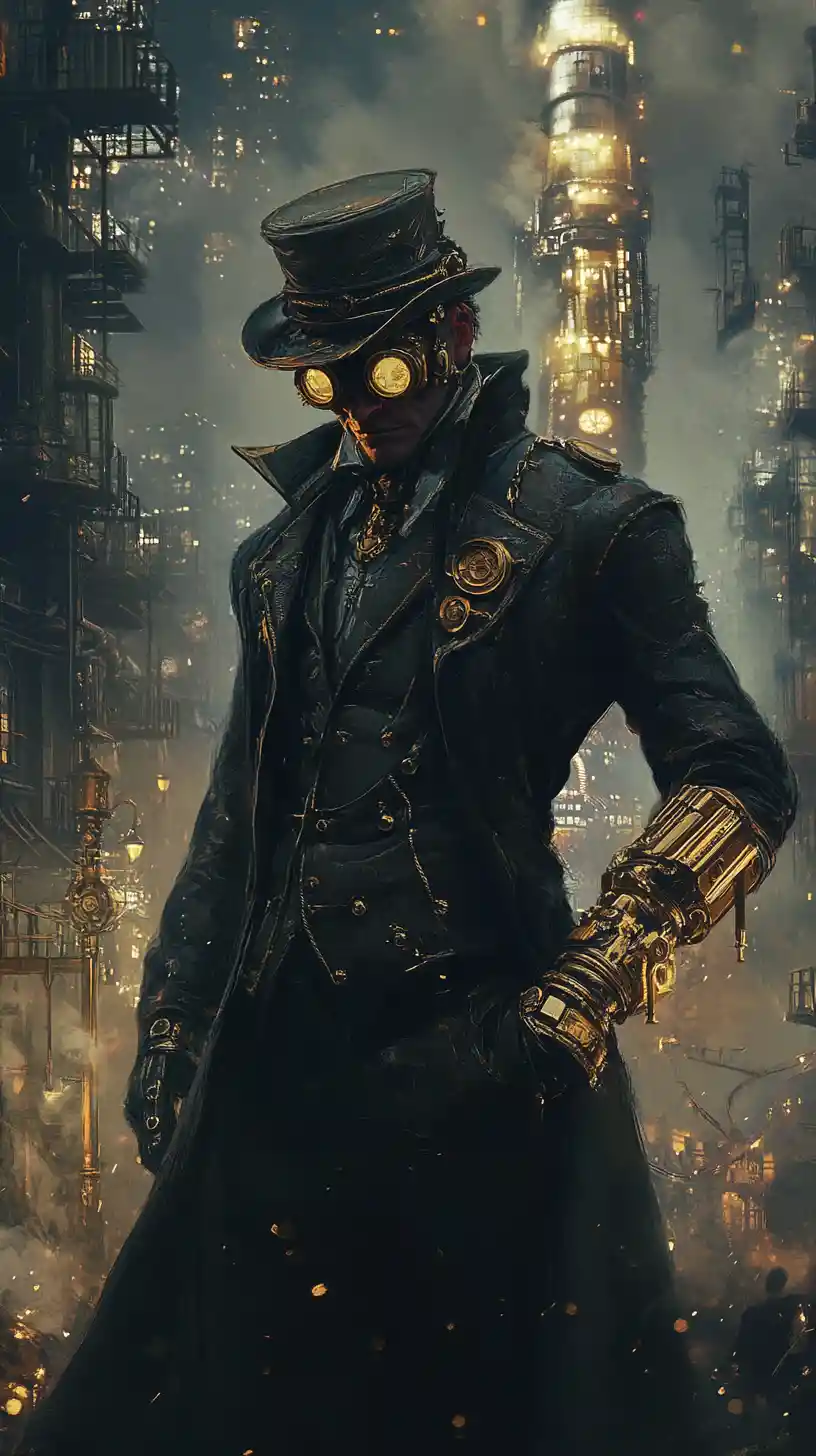 Vilão relojoeiro steampunk dominando uma cidade vitoriana