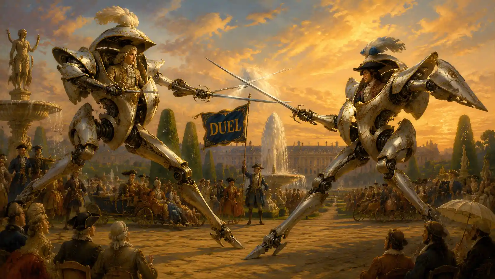 Elegant dueling mecha in a formal garden at sunset