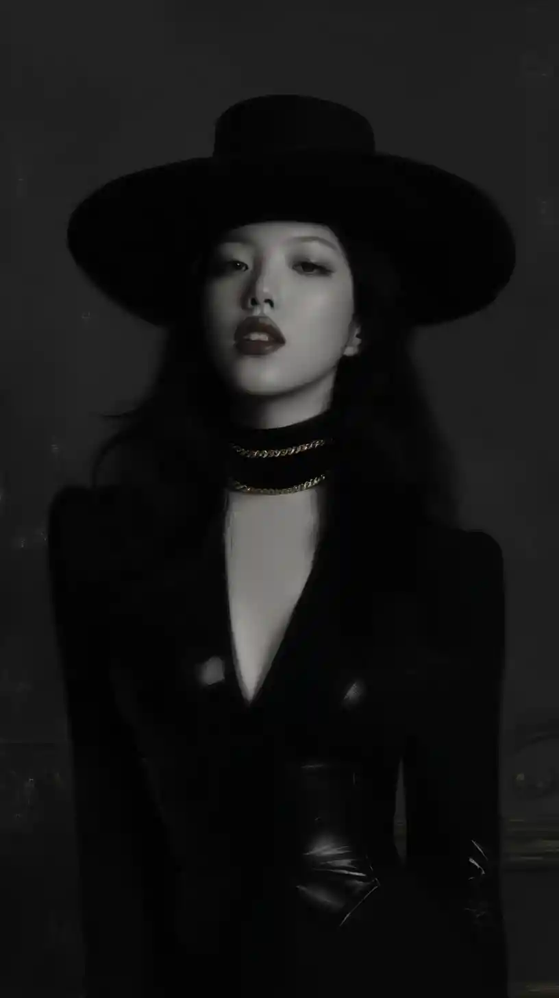 Glamorous woman in black hat portrait in monochrome