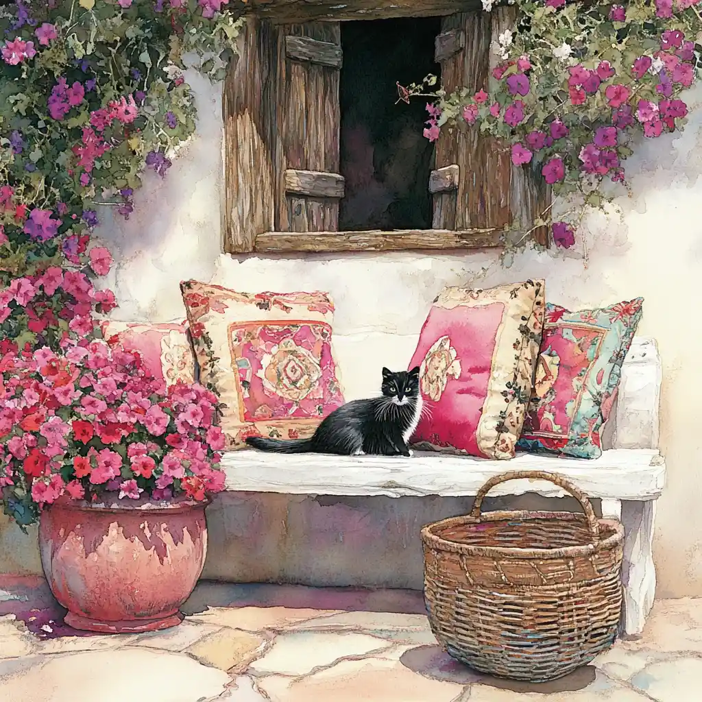 Black cat by a white bench with watercolor flowers