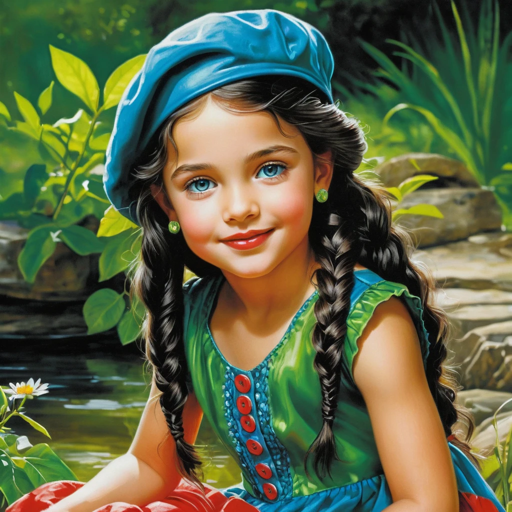 Smiling girl in red dress crouching in summer sunlight