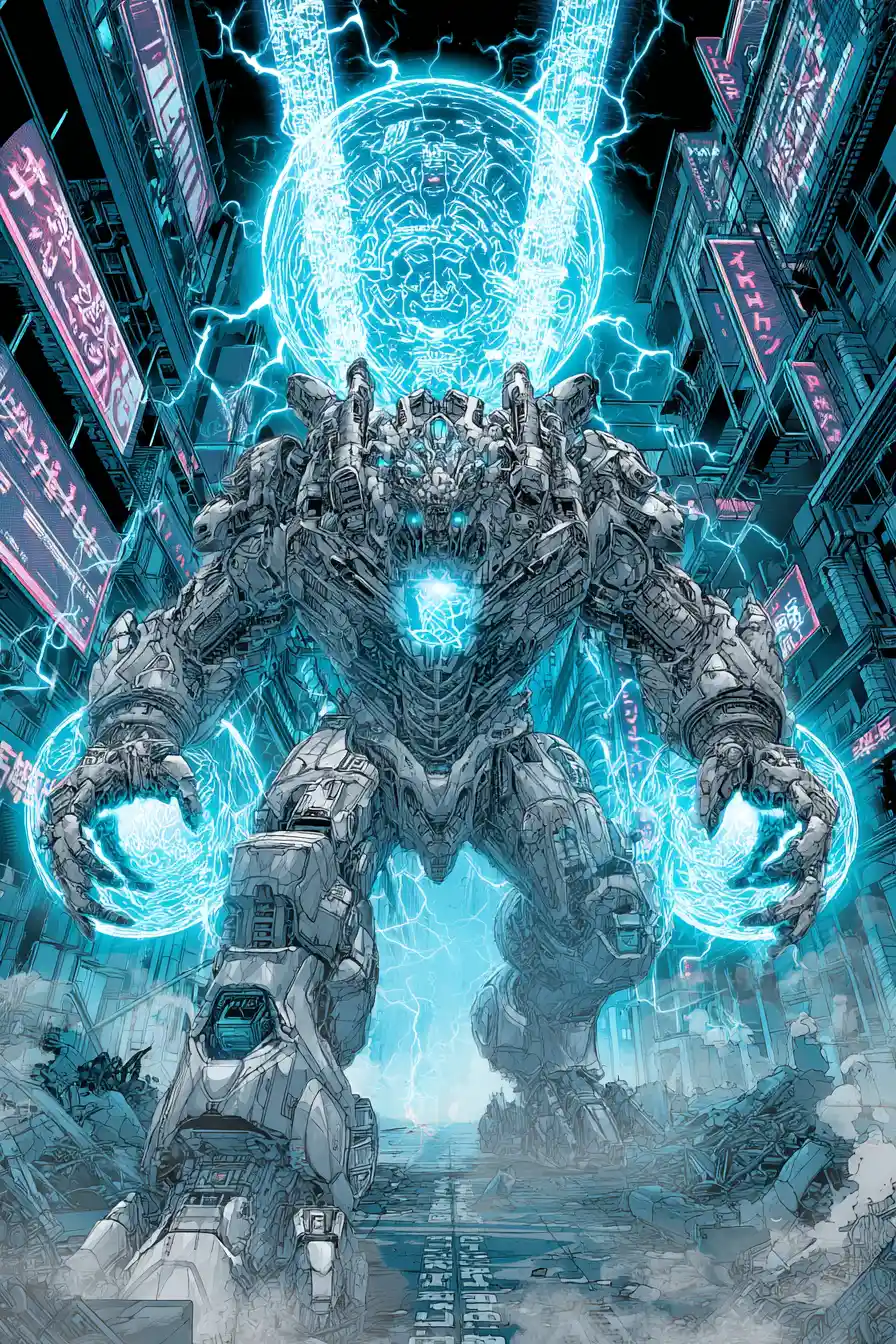 Mecha colossale che evoca portali al plasma in città cyberpunk