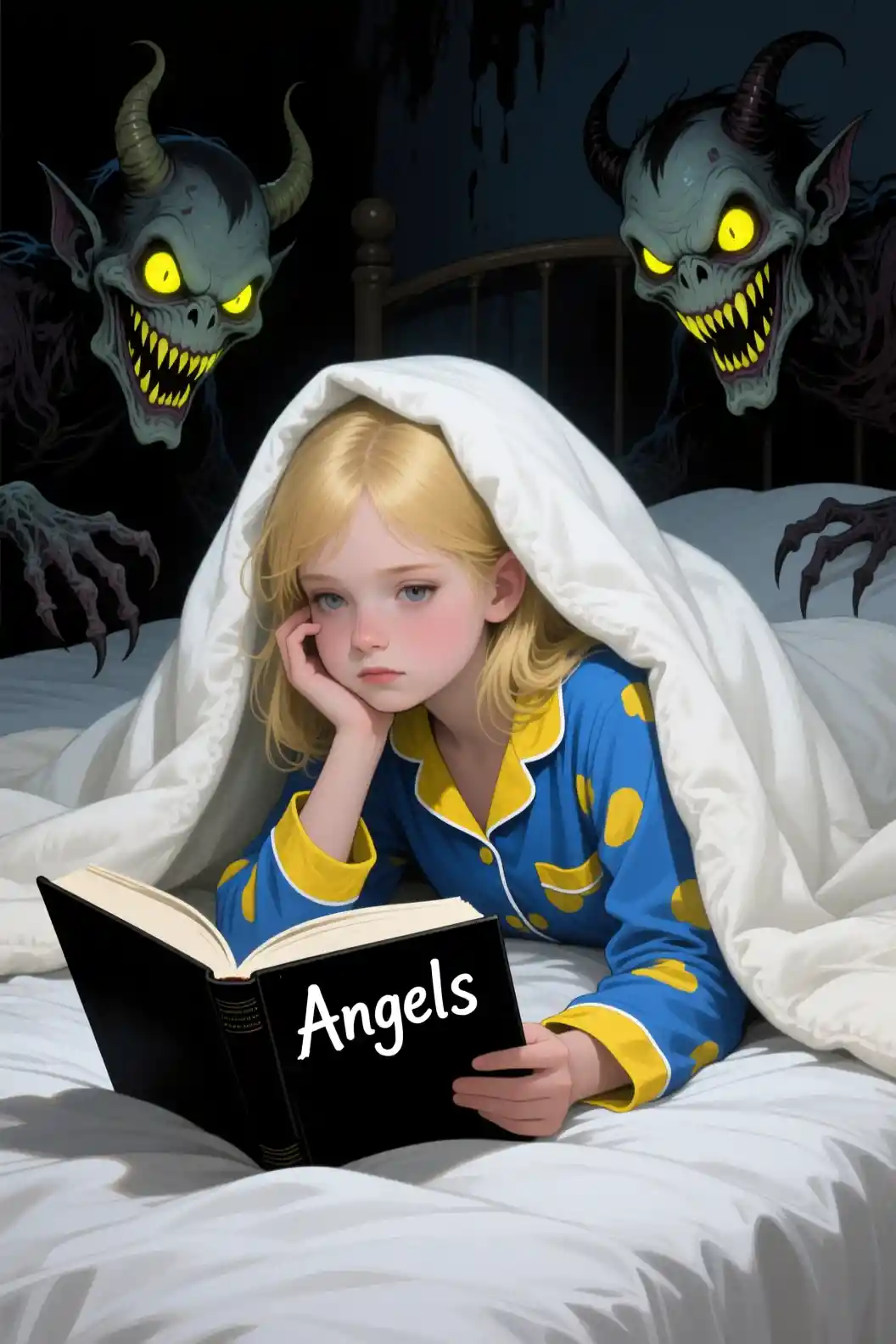 Young girl reading under blanket with lurking demons
