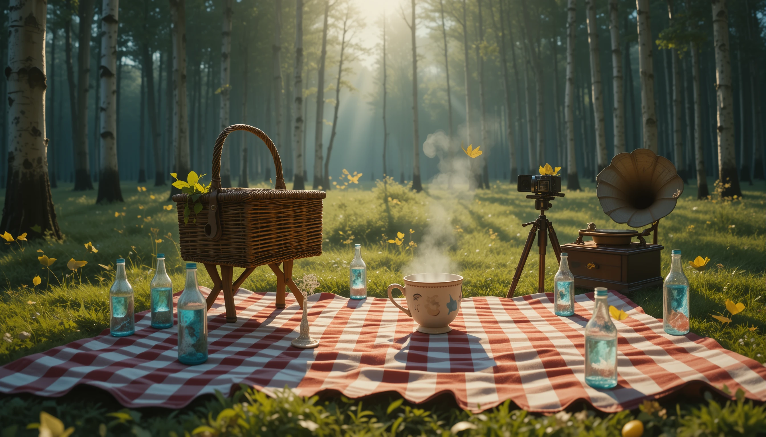 Enchanted Picnic Objects Coming Alive In Forest Clearing