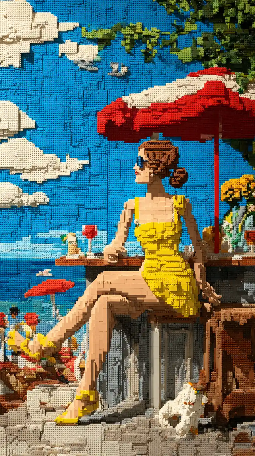 Beautiful woman on a bar terrace built from lego bricks