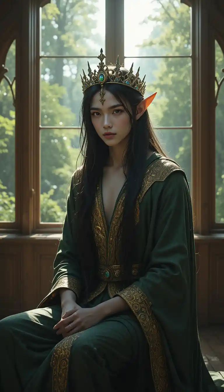 Elf prince in green robe seated by sunlit forest window