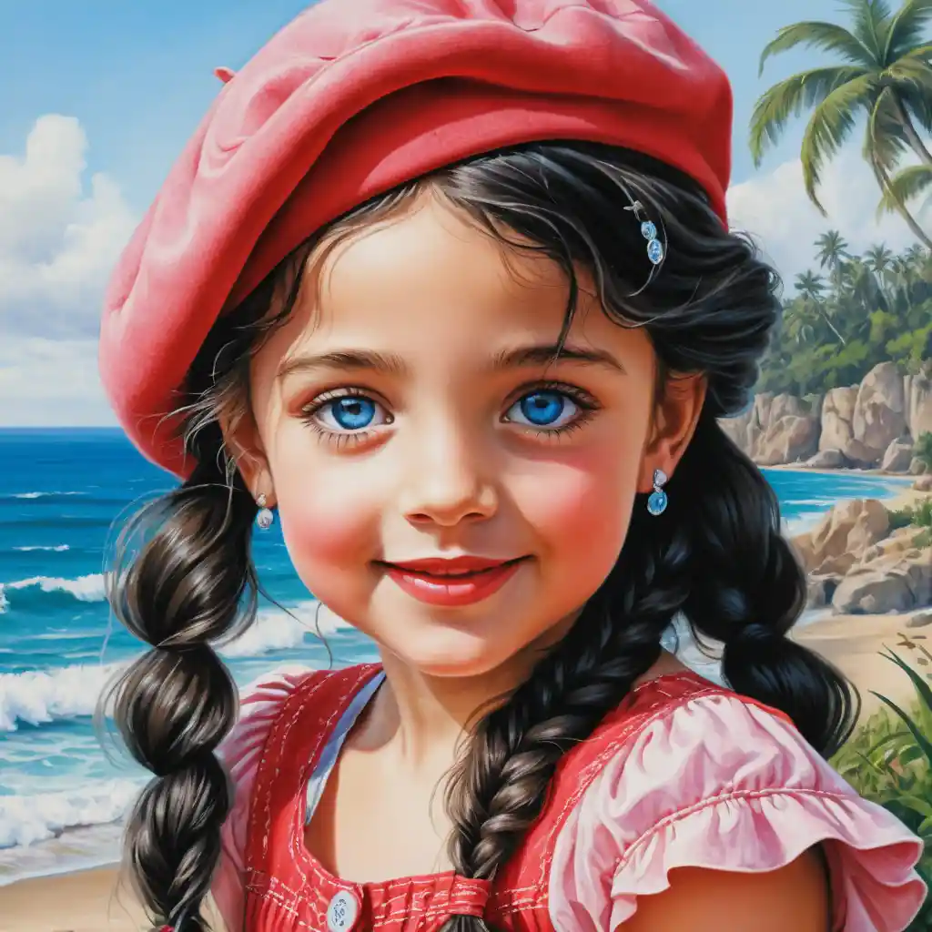 Smiling girl in red summer dress with pink beret