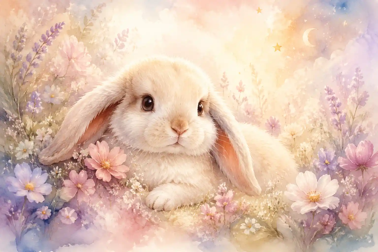 Cute lop eared baby rabbit in pastel wildflowers