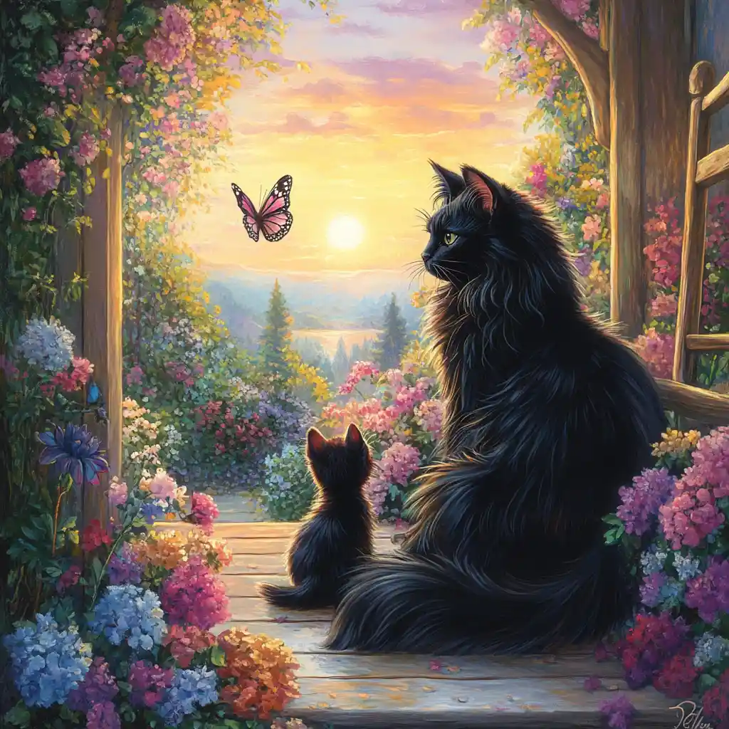 Black long haired cat and kitten on a sunny porch