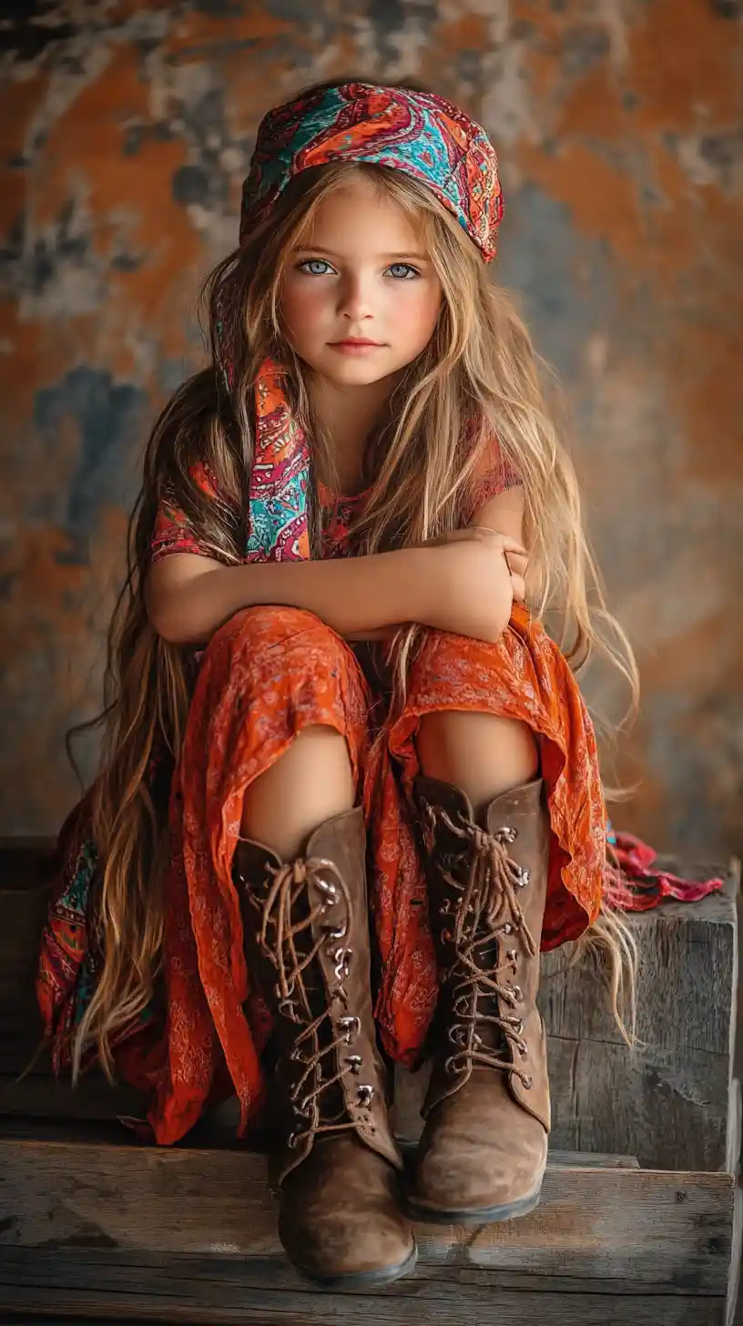 Bohemian girl in orange dress sitting on wooden surface