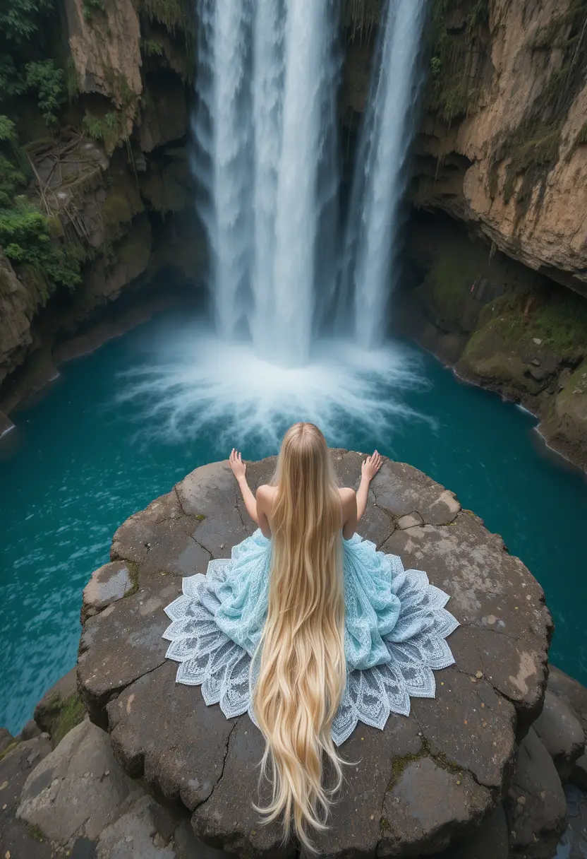 Woman on rock above waterfall with flowing blonde hair
