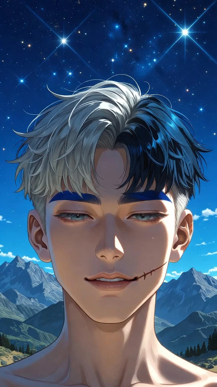 Anime man in mountain landscape under starry night sky