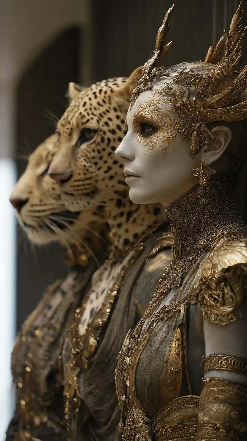 Desert warrior queens in ivory couture beside majestic leopards