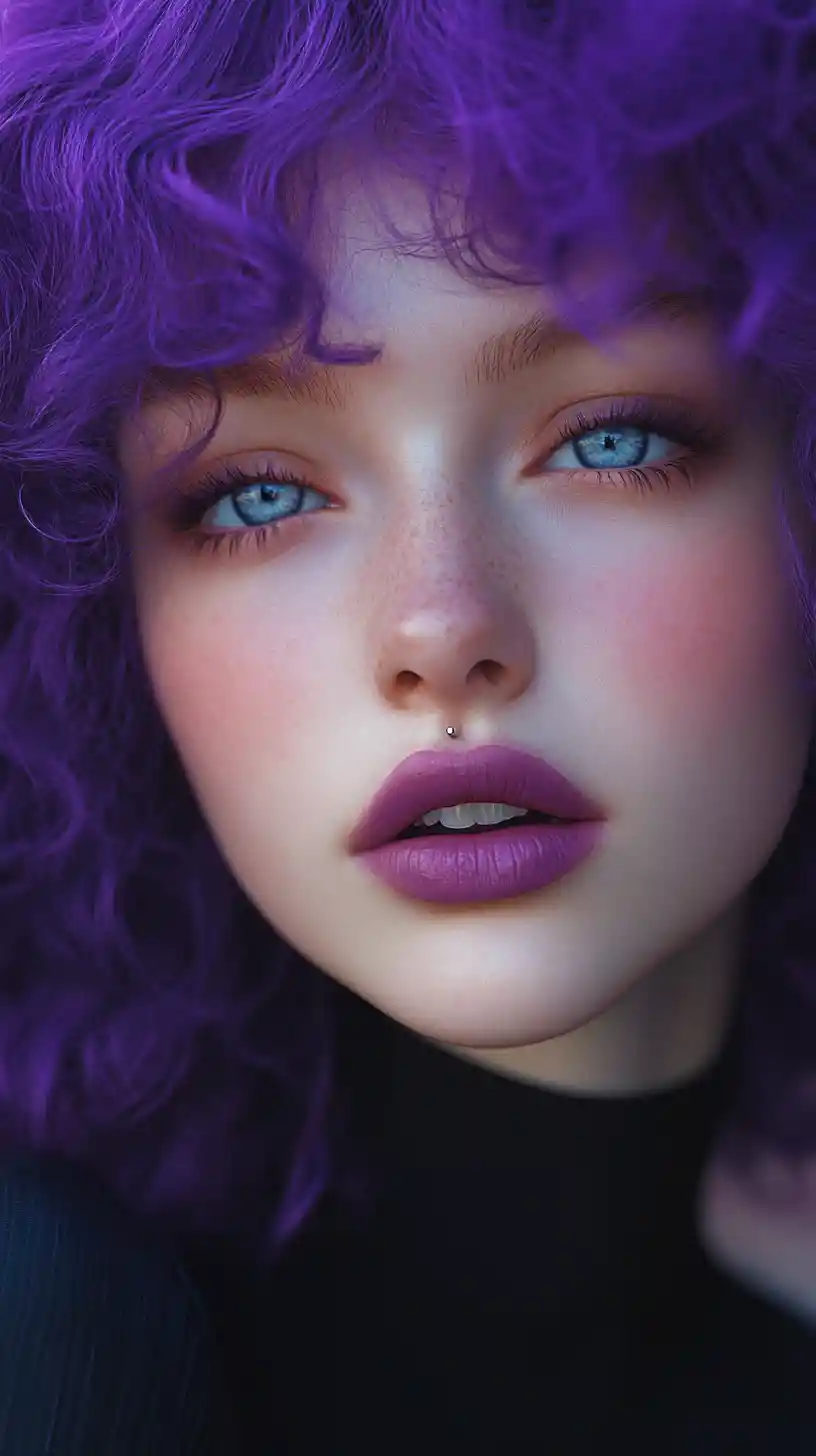 Ritratto di ragazza dai capelli viola con pelle chiara e luminosa
