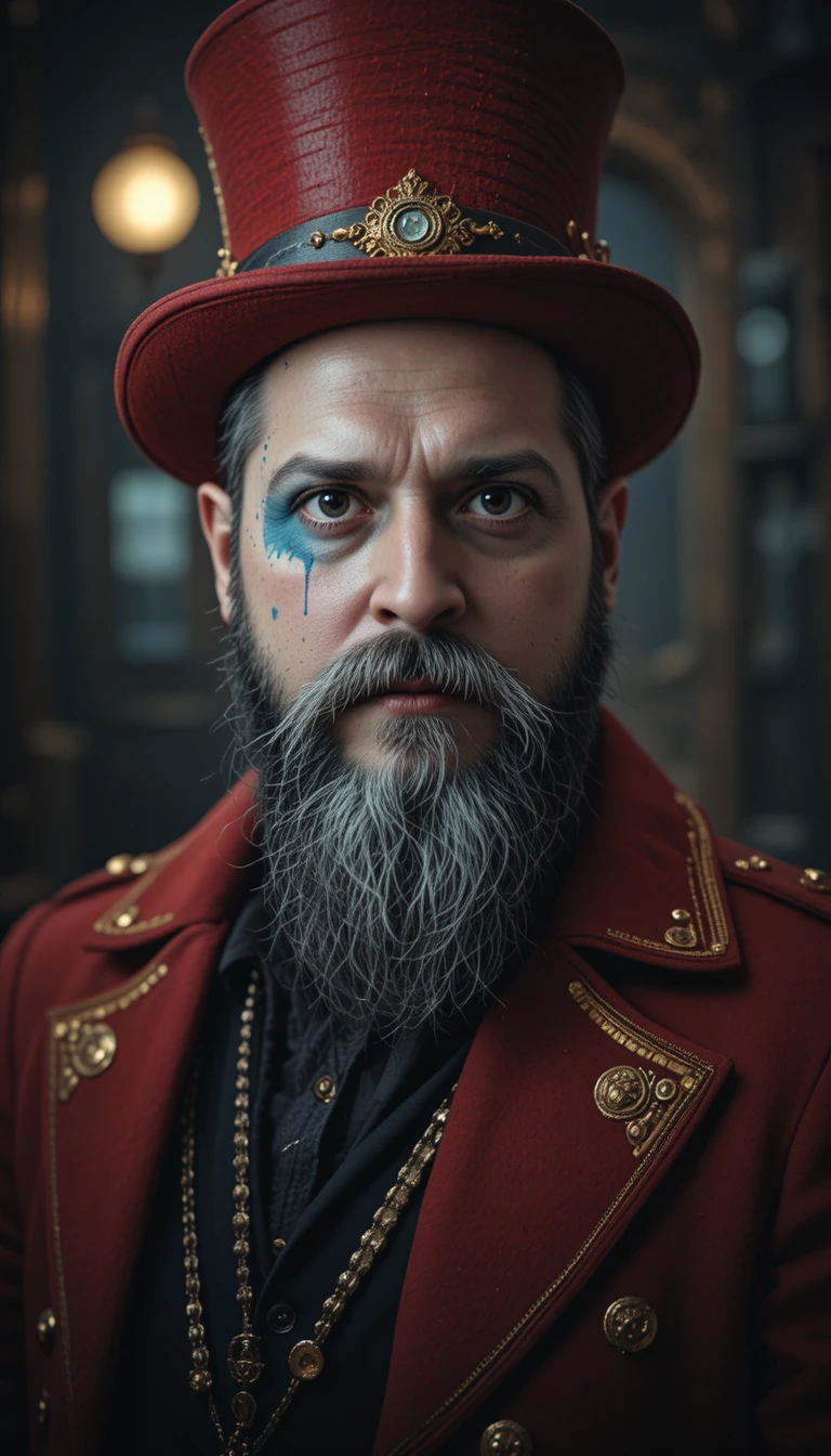 Steampunk man with red top hat and mystical face paint
