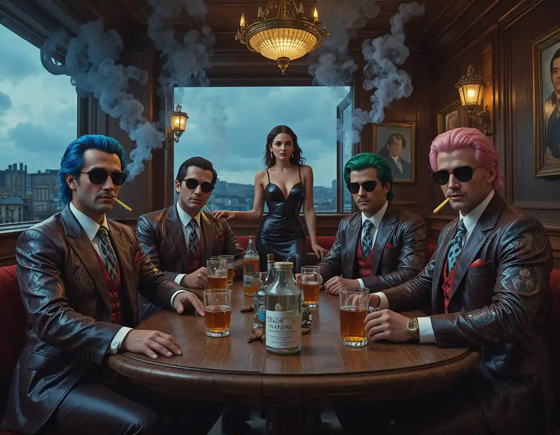 Mature mafia men in suits smoking cigars in dark bar