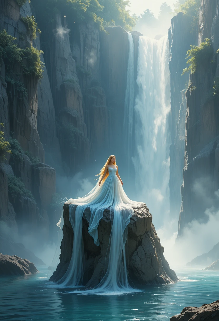 Woman resting on cliff above a vast cascading waterfall