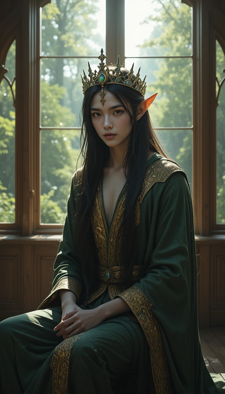 Elf prince in green robe seated by sunlit forest window
