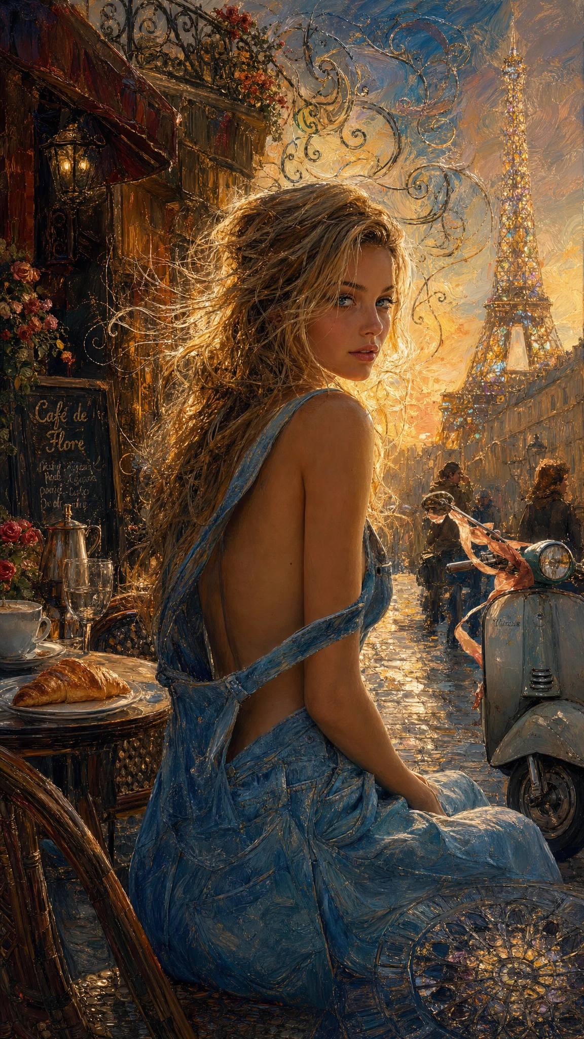 Young woman at a Parisian street cafe in golden hour