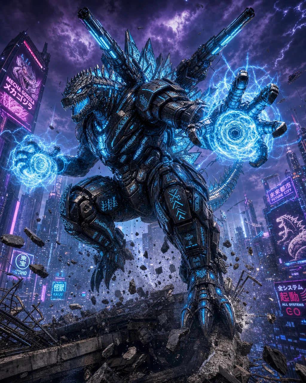 Armored mecha leaping from ruined rooftop with energy portals