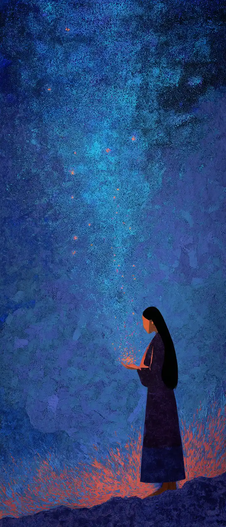 Anime woman at the edge of a vast night sky