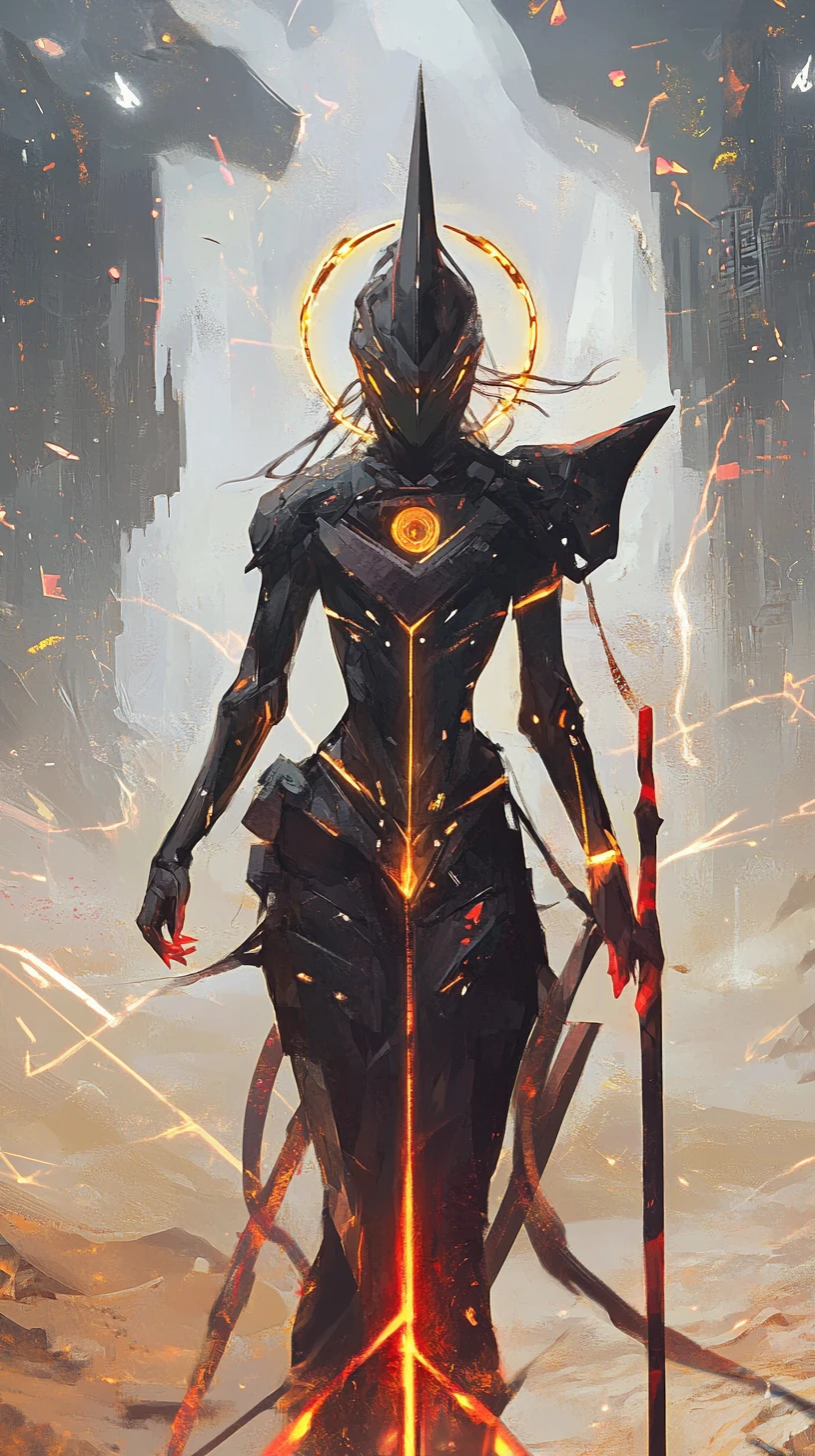 Futuristic armored warrior before glowing ruined towers
