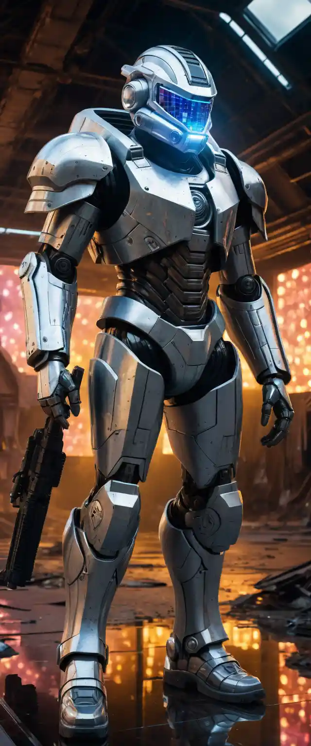 Futuristic exosuit warrior on aircraft platform in disco