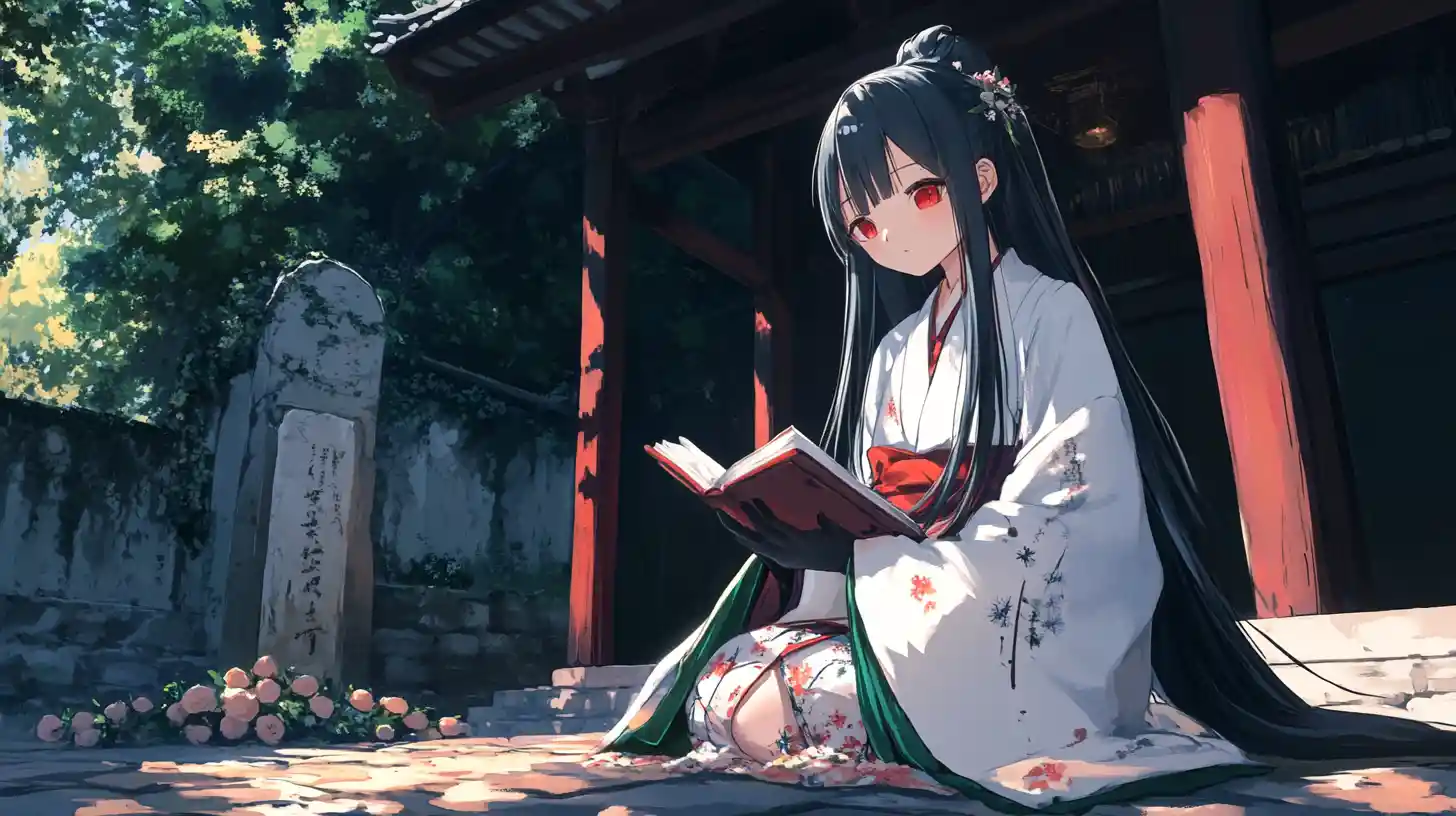 White haired anime girl in a cliffside temple courtyard
