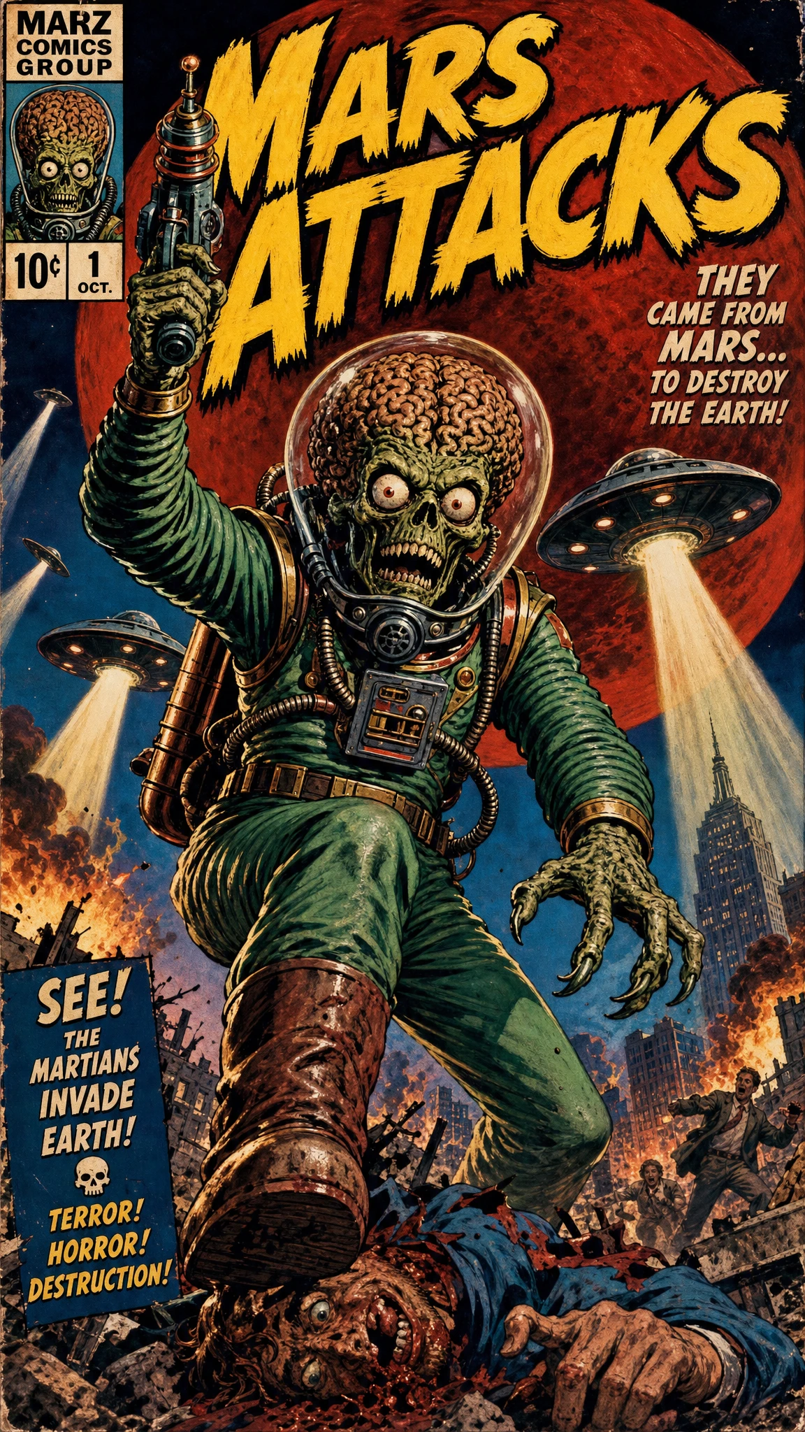Retro alien invader in vintage pulp comic style