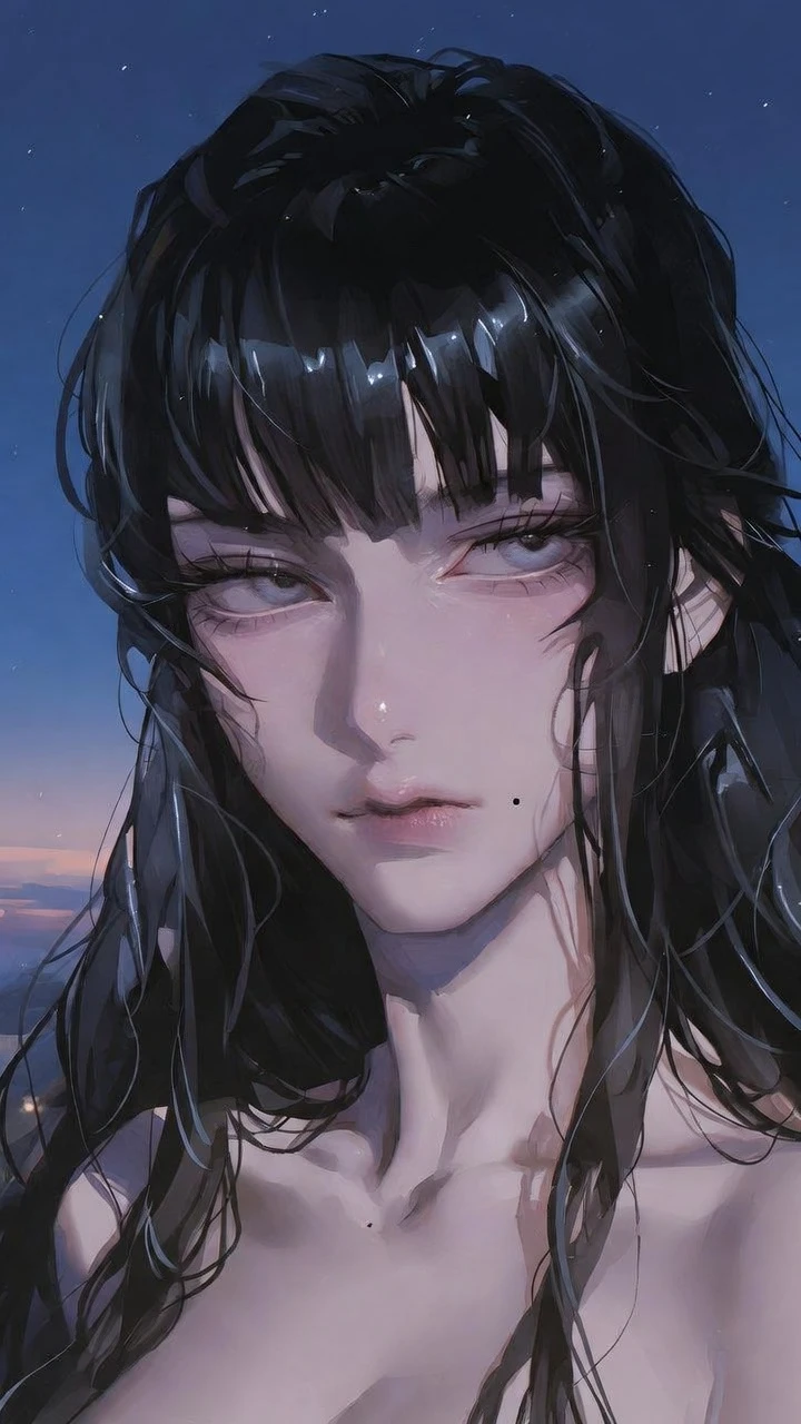 Elegant anime girl under a serene dusk night sky