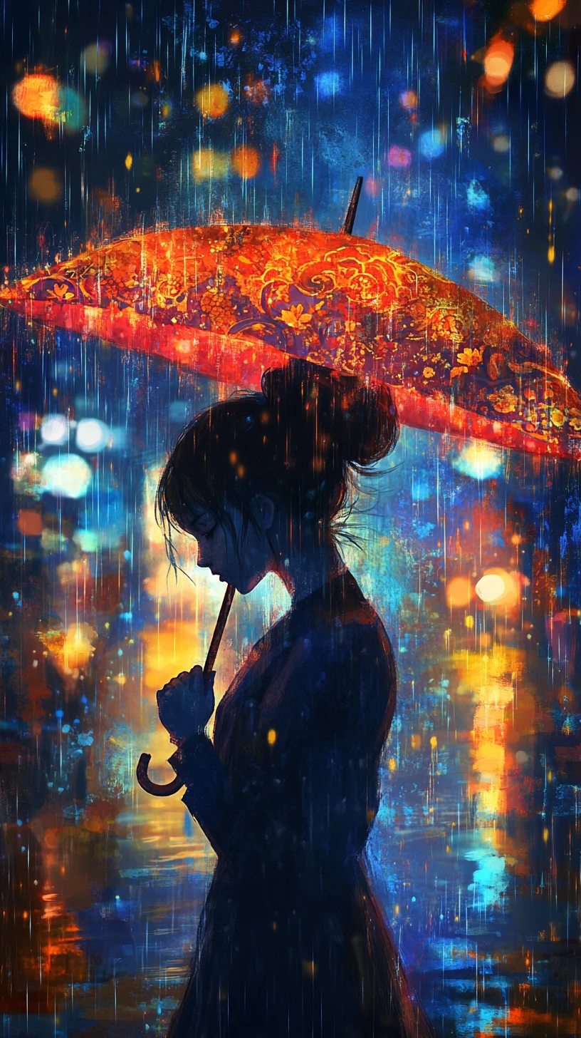 Woman under red umbrella in glowing rainy city night