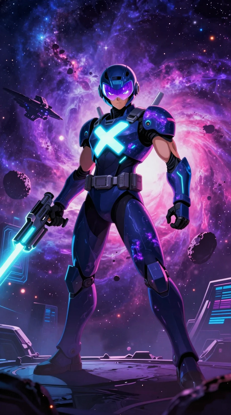 Armored space ranger with glowing sci fi energy suit