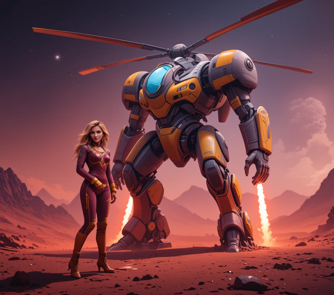 Woman in red space suit beside towering combat mecha