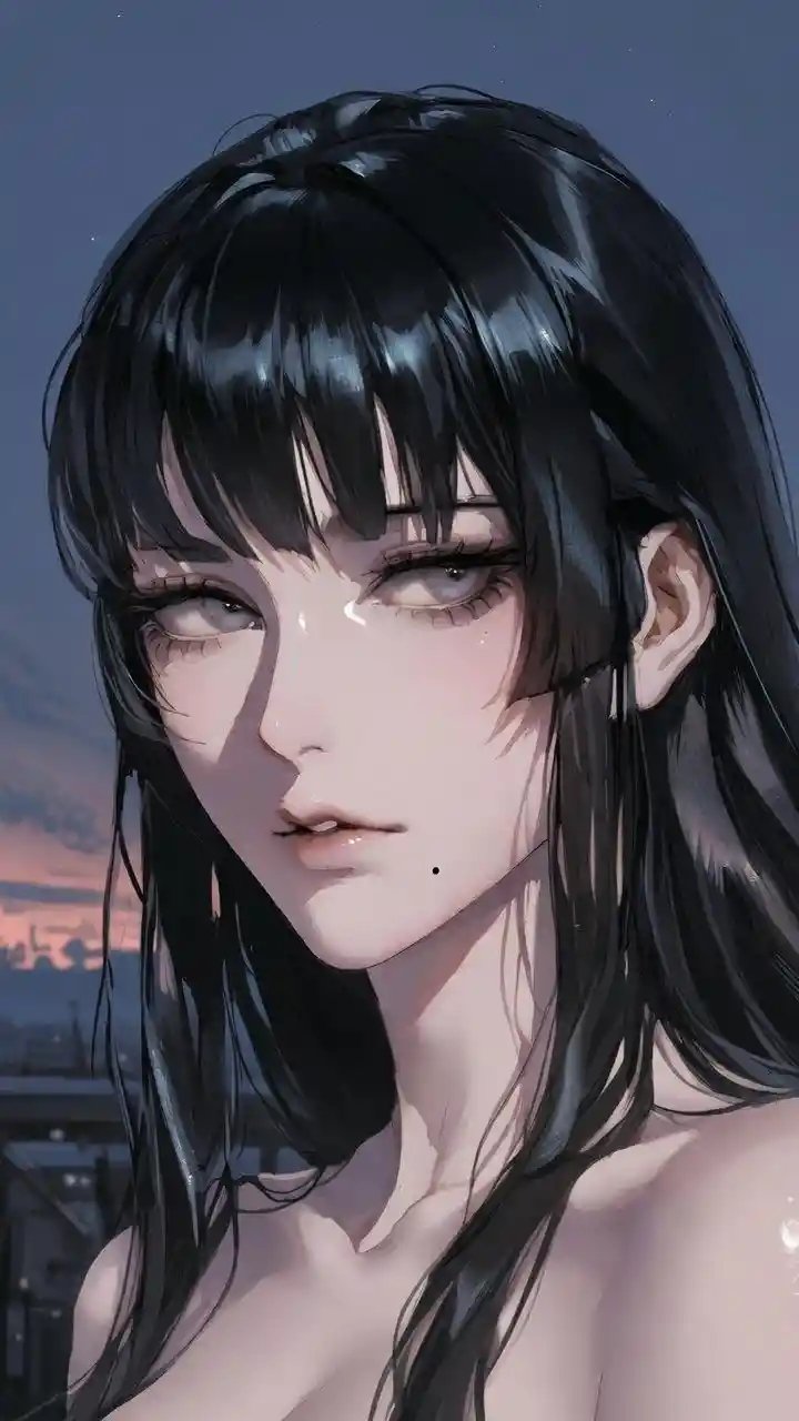 Elegant anime girl under a clear twilight night sky