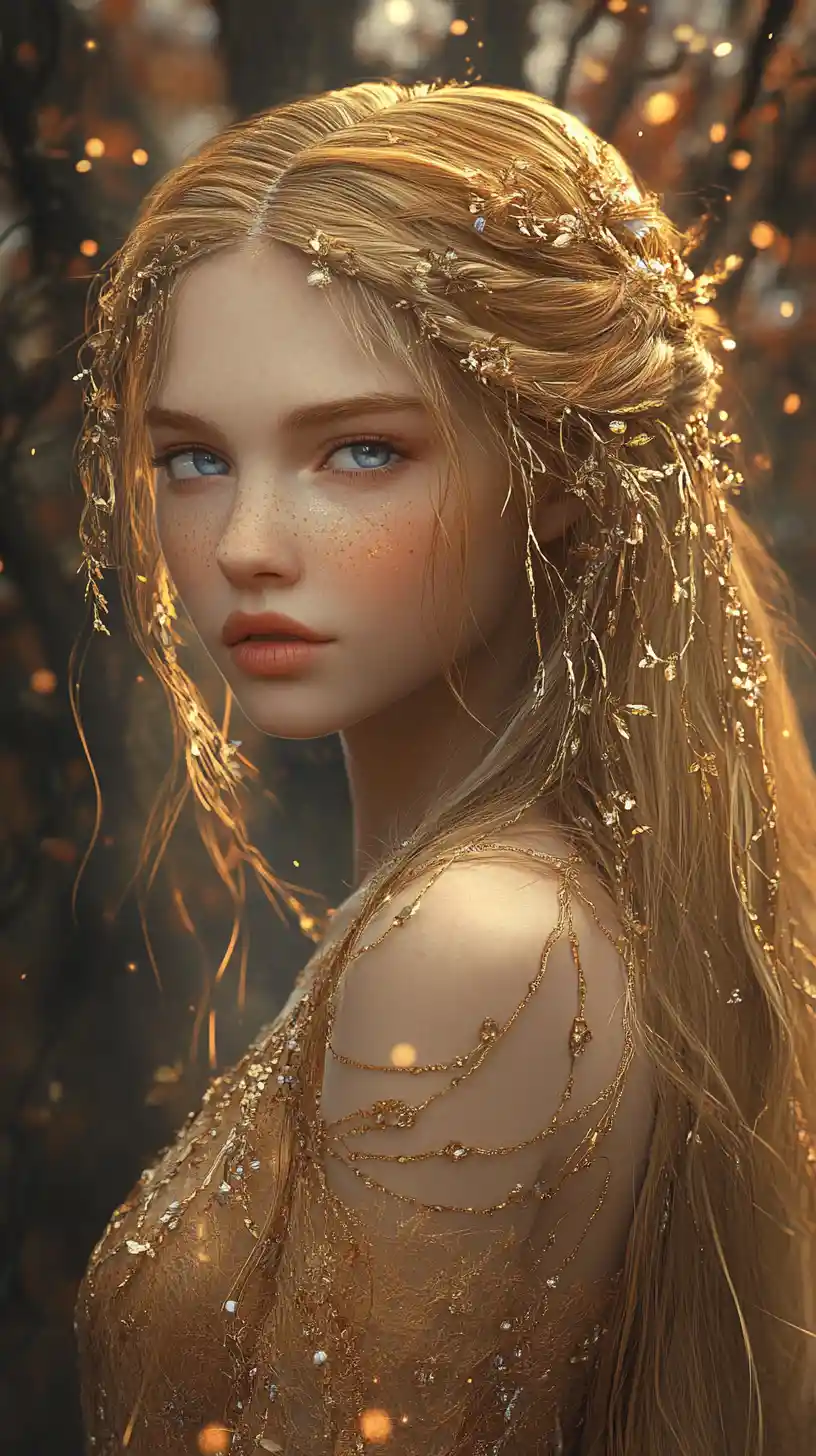 Golden haired fantasy woman in jeweled gown in forest