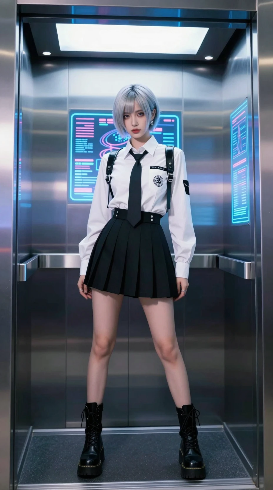 Cyberpunk woman in neon elevator with school uniform