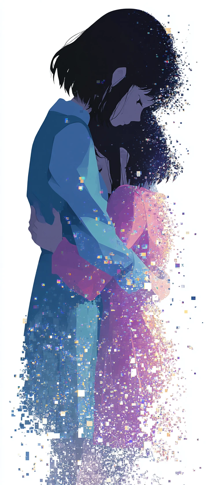 Heartbroken anime girl hugging her fading pixel shadow self