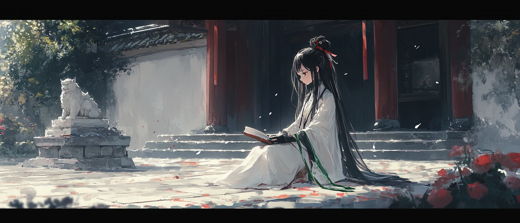 White haired anime girl in robes in a cliffside temple courtyard