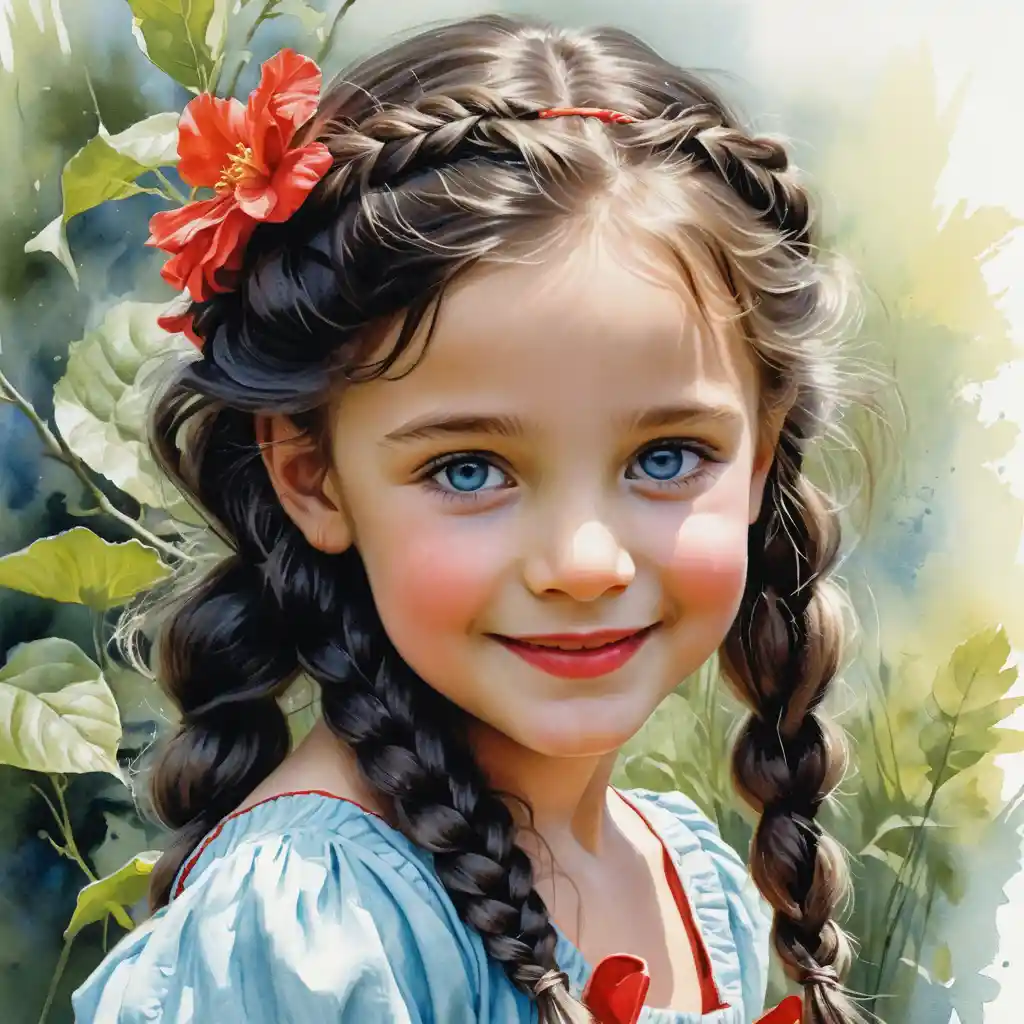 Smiling girl in red dress with lime beret watercolor portrait