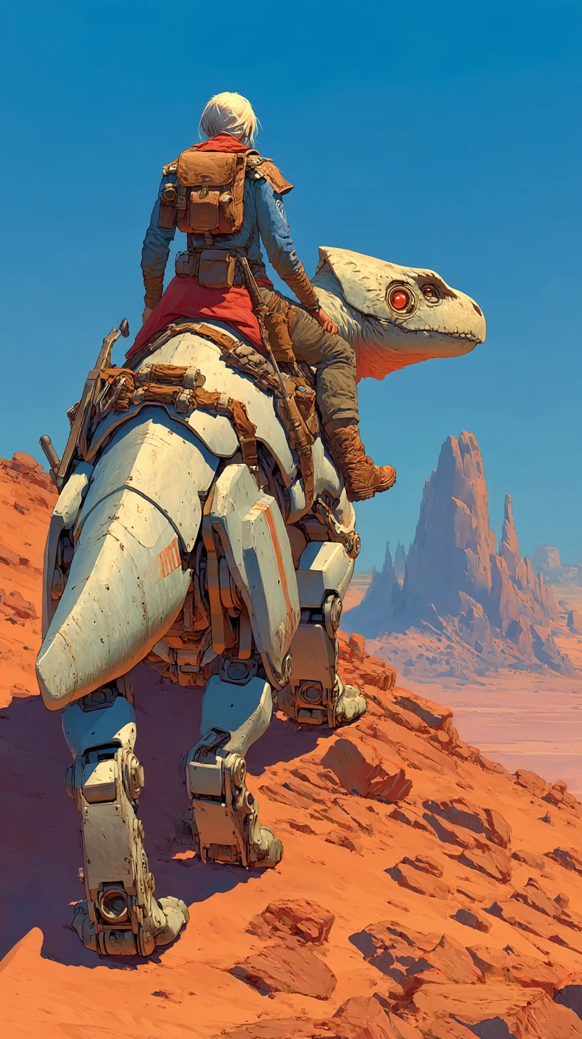 Lone scout riding robotic reptile up a rocky desert slope