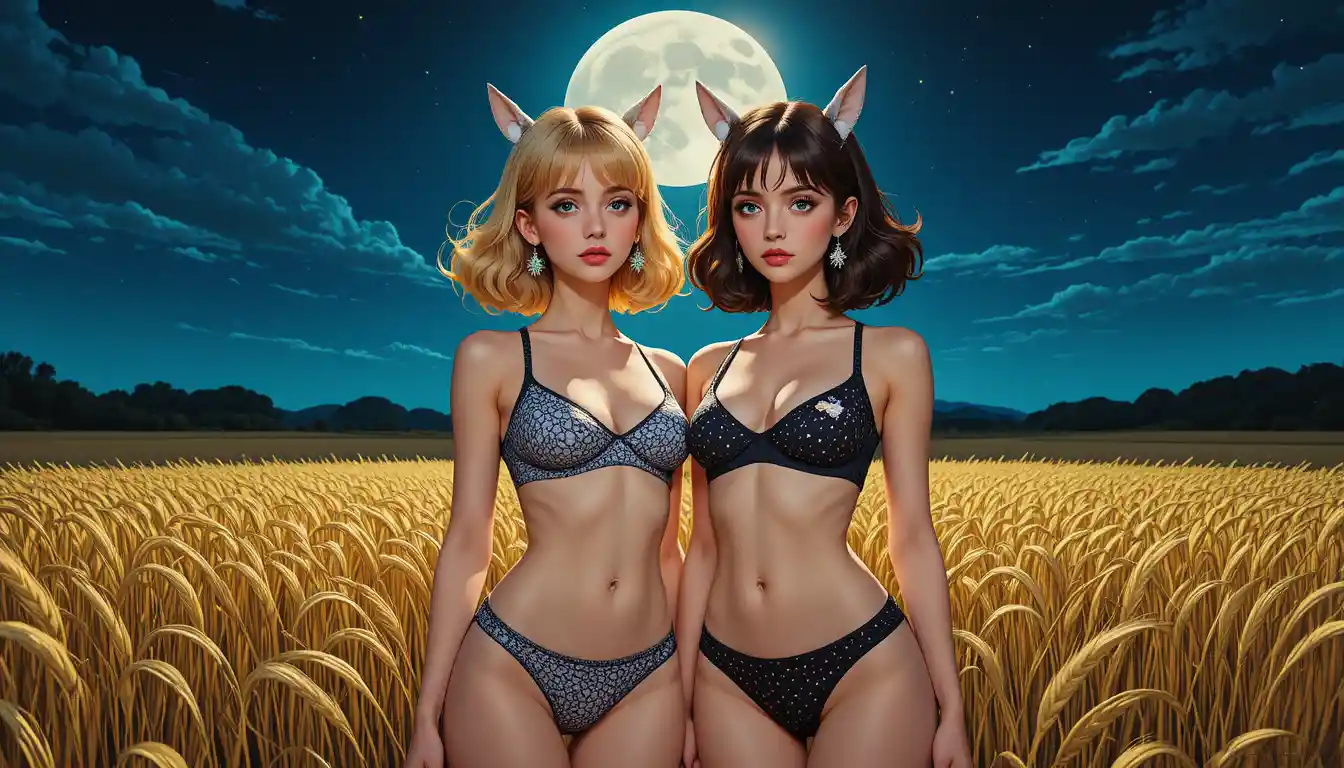 Anime women in wool bikinis under a bright moon