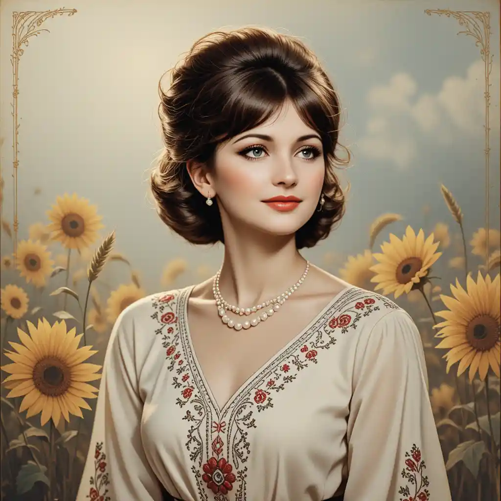 Romantic Ukrainian singer on vintage sunflower record cover