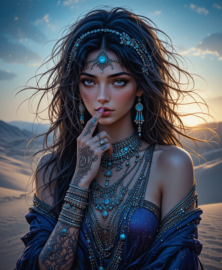 Mystical desert queen with henna and silver jewelry
