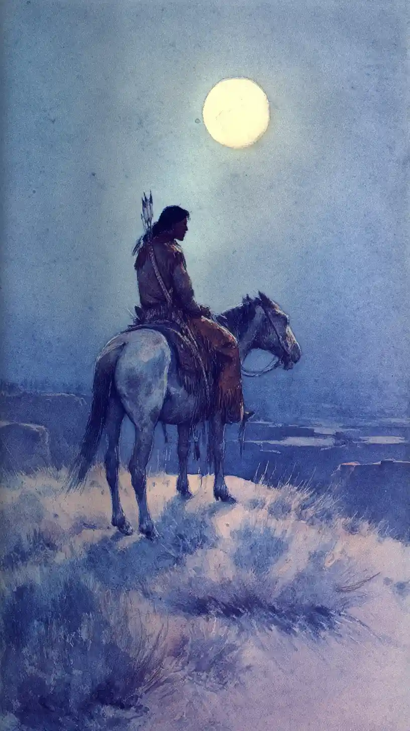 Indian warrior on mustang under a quiet full moon