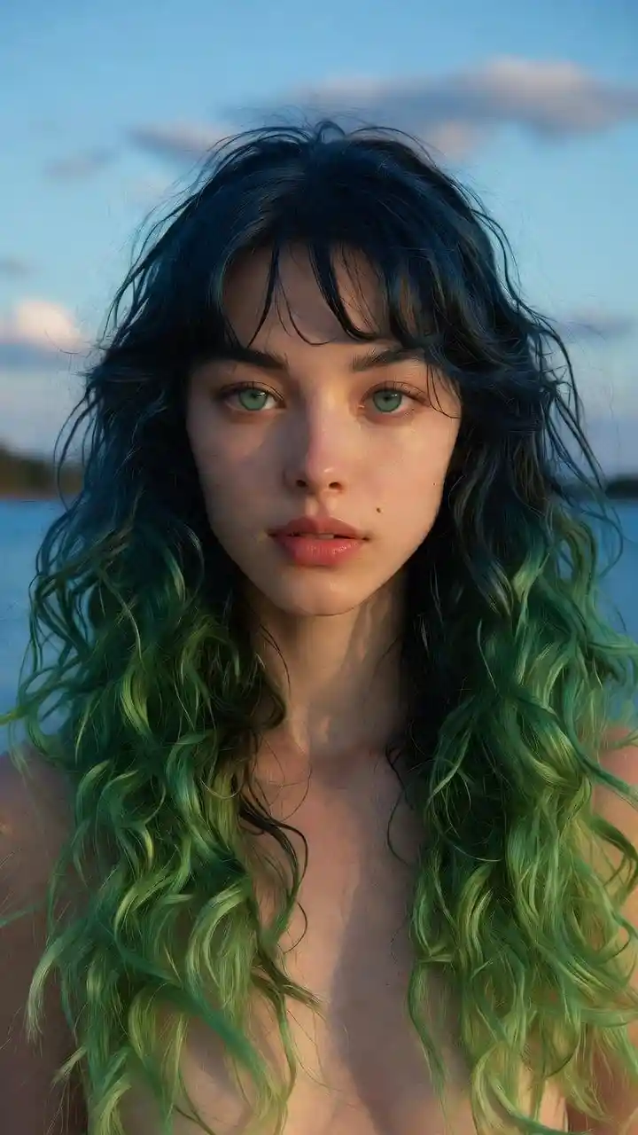 Anime girl by tranquil water at sunrise in full view