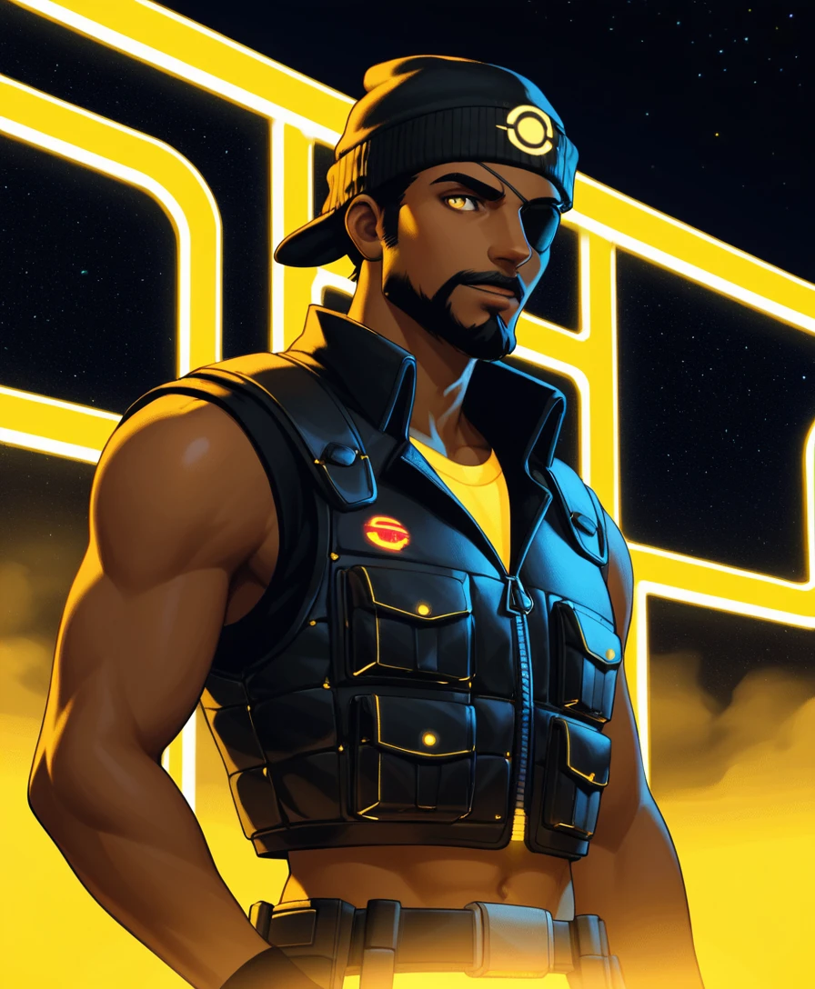Cybernetic warrior with grenade launcher in glowing yellow armor