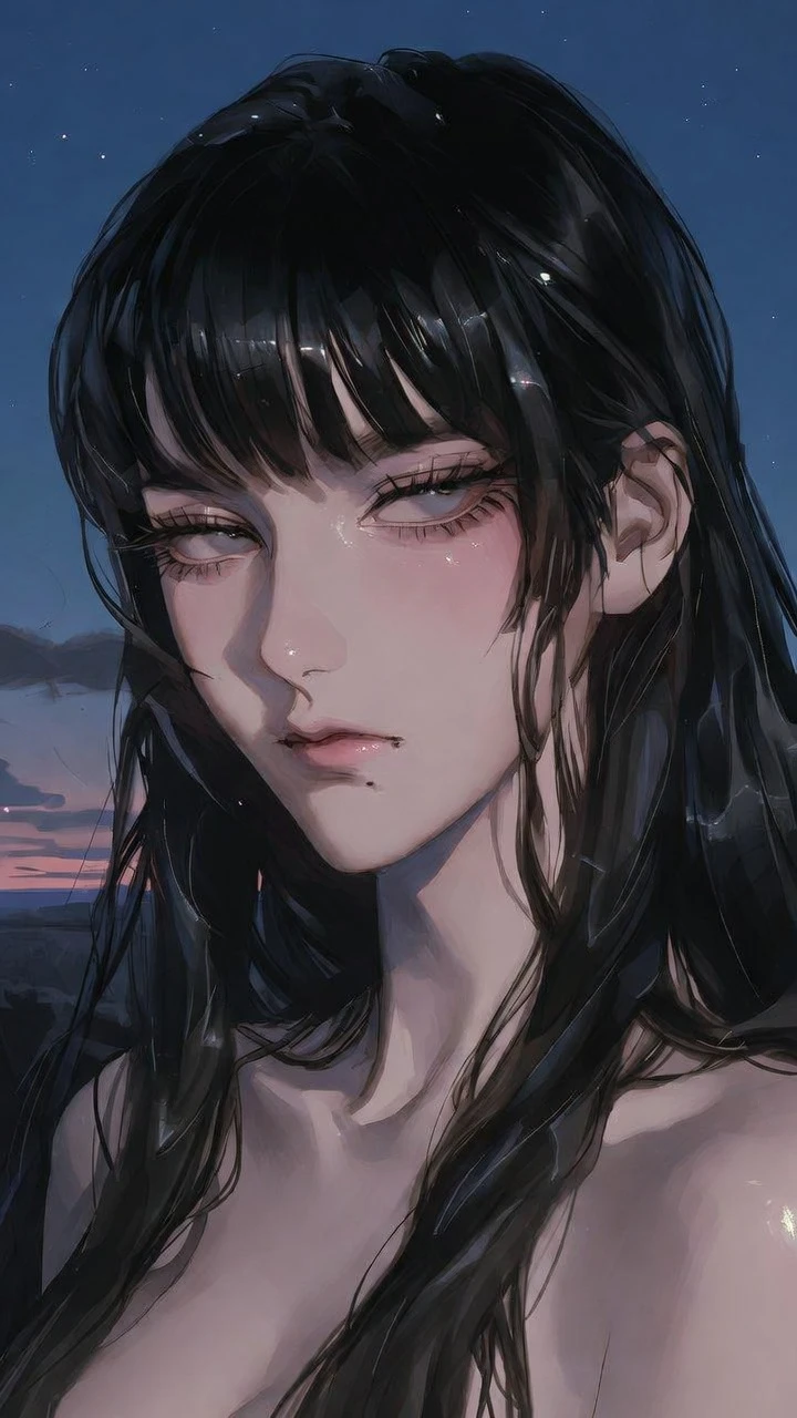 Elegant anime girl under a serene dusk night sky