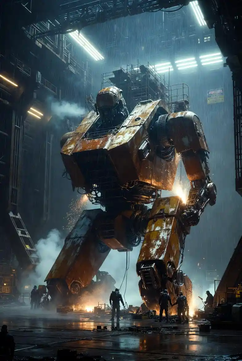 Giant industrial mecha under construction in rainy starship dock