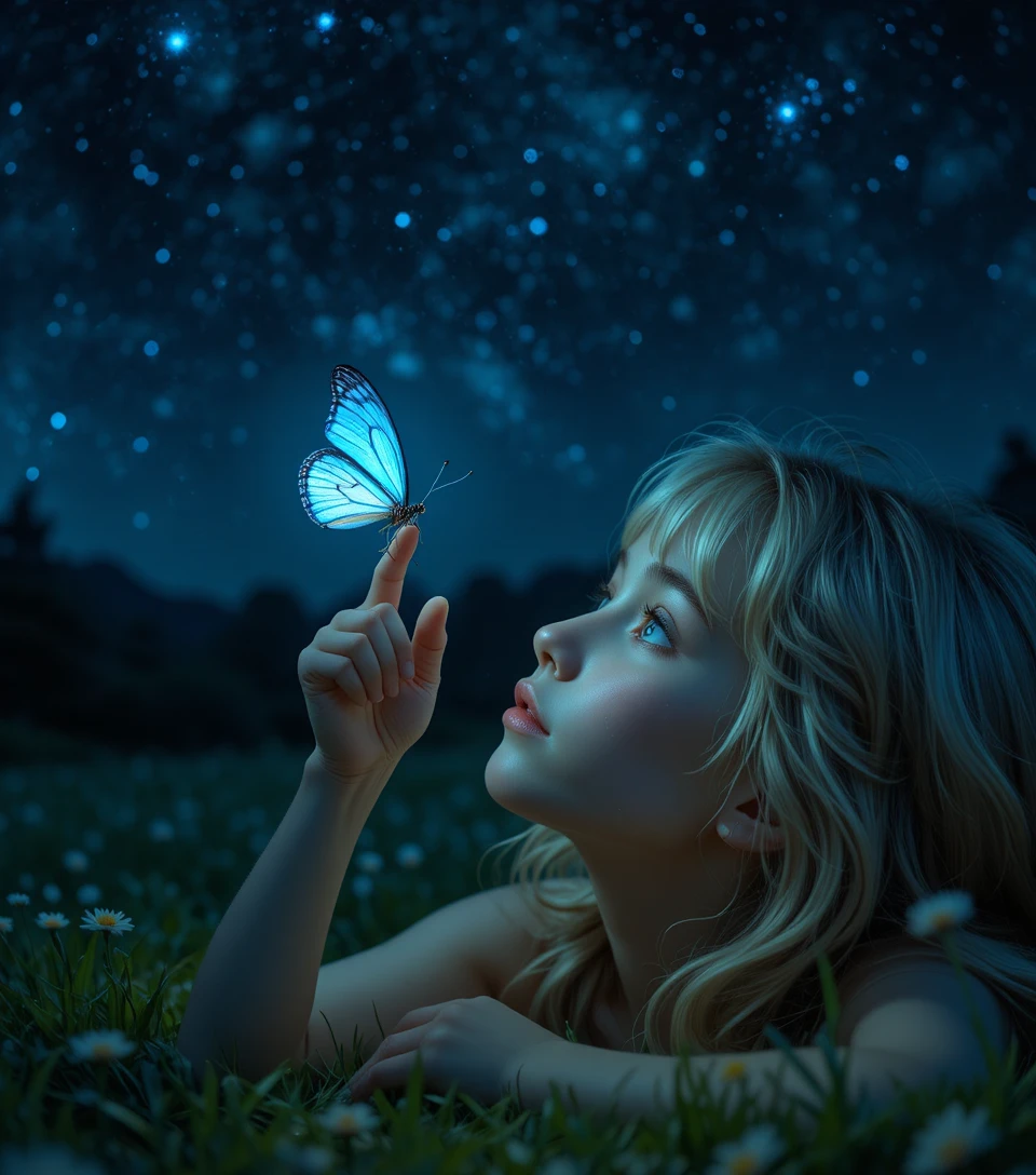 Glowing Butterfly Lighting A Girl On The Night Grass